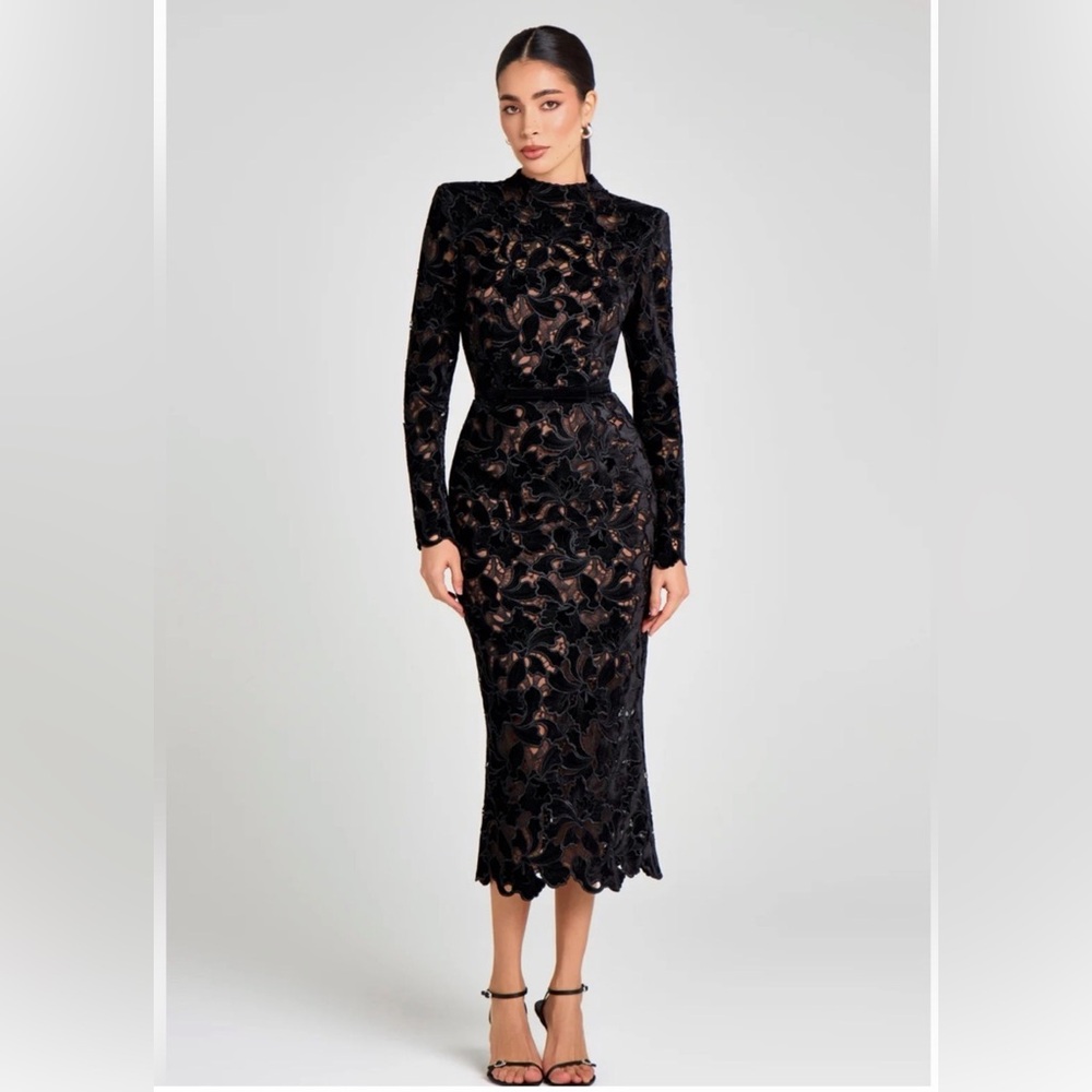 NADINE MERABI Black Floral Lace Long-Sleeve Midi Dress